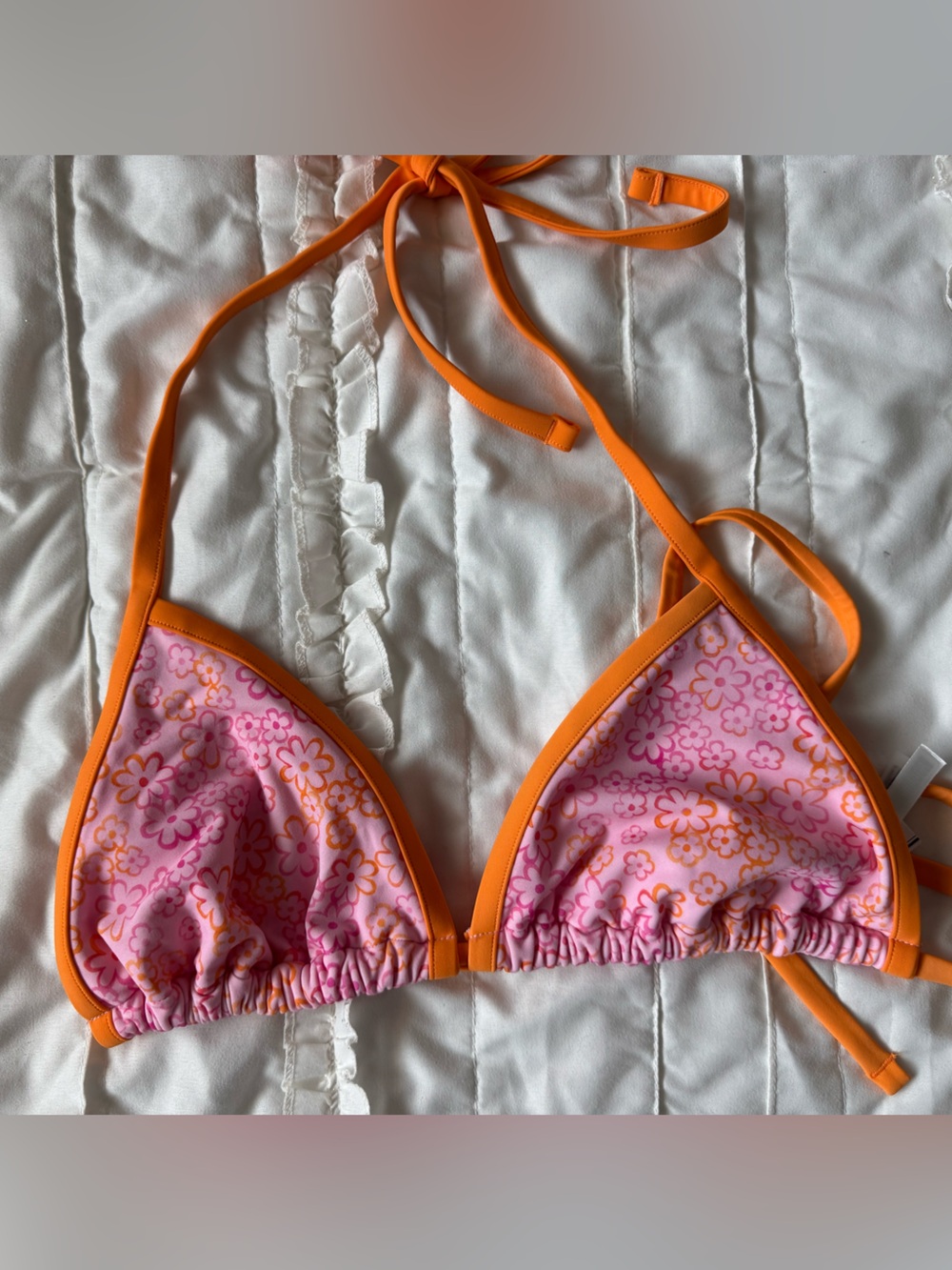 PINK Victoria's Secret Pink Floral Triangle Bikini Top with Orange Trim